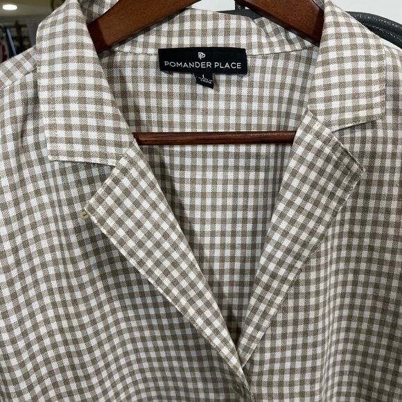 TUCKERNUCK POMANDER PLACE GINGHAM TAUPE WHITE SCARLETT LINEN COTTON BLOUSE - Picture 12 of 16